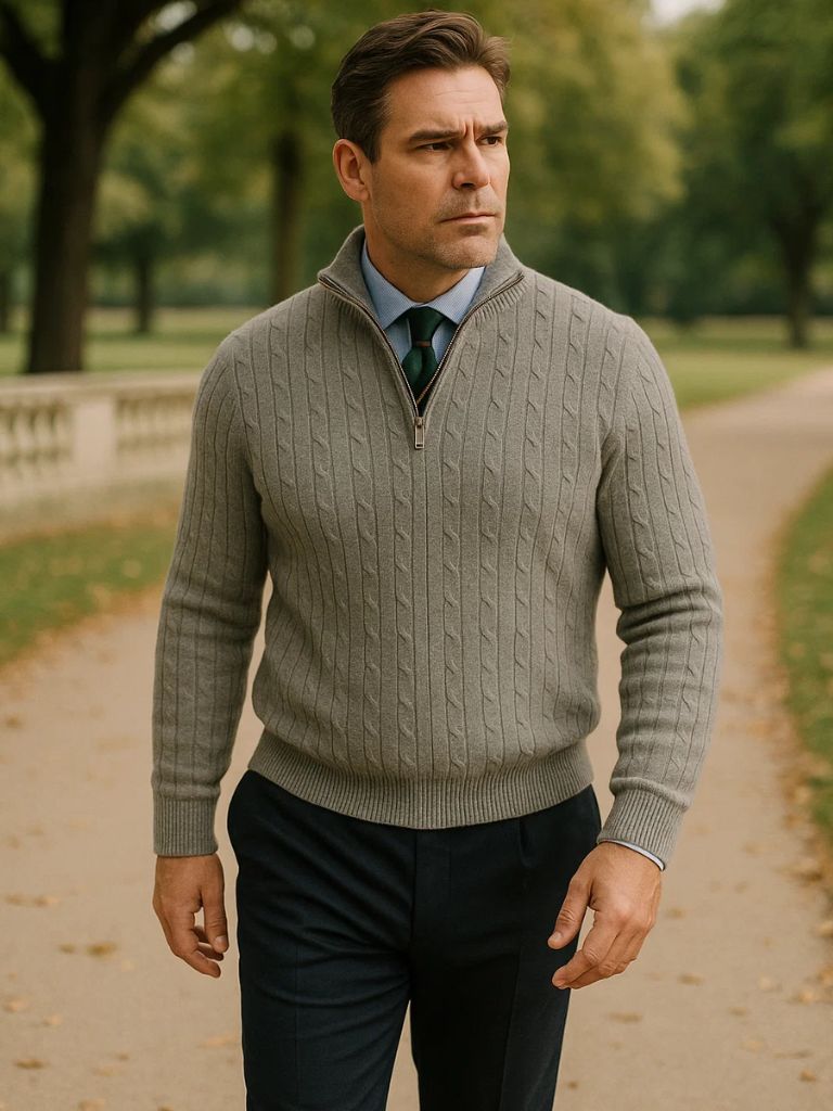 Cable-Knit Zip Neck Sweater