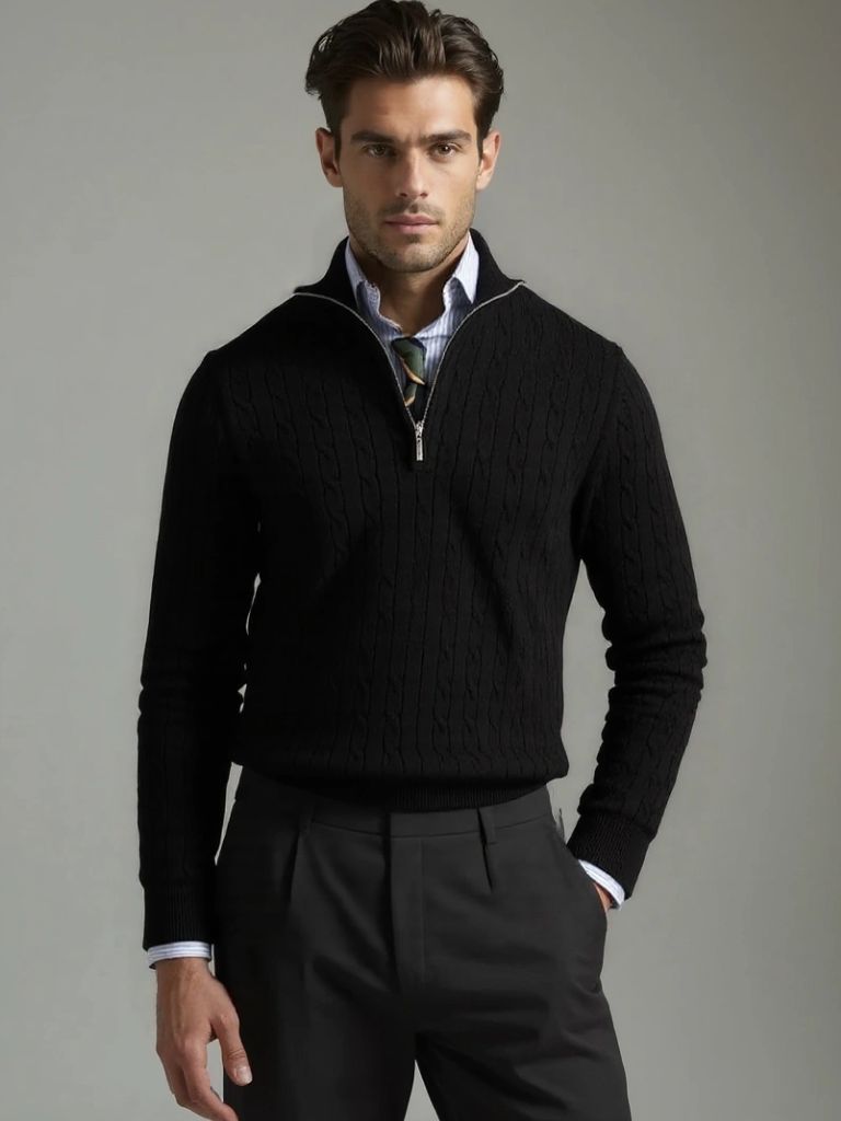 Cable-Knit Zip Neck Sweater