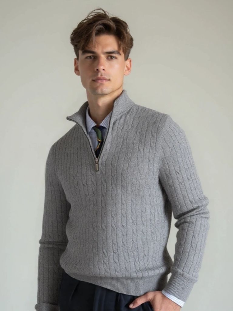Cable-Knit Zip Neck Sweater